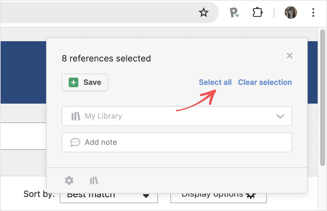 The extension popup reading “8 references selected” with a red arrow pointing to the “Select all” link, beside “Clear selection” and above the destination selector and note field.